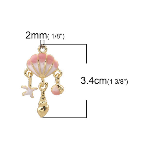 亜鉛合金 エナメル ペンダント シェル 金メッキ ピンク 34mmx 18mm、 3 個 の画像