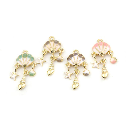 亜鉛合金 エナメル ペンダント シェル 金メッキ ピンク 34mmx 18mm、 3 個 の画像