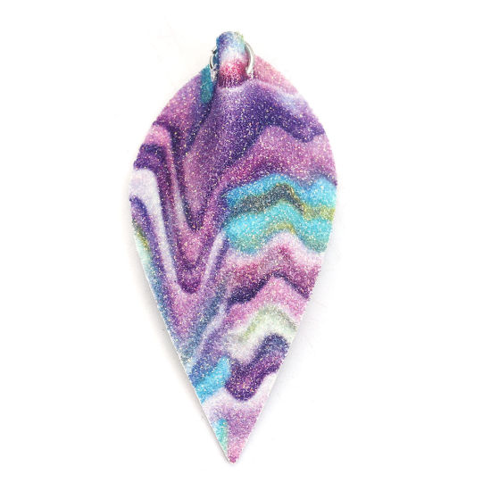 Picture of PU Leather Pendants Leaf Multicolor Ripple 6.3cm(2 4/8") x 3.1cm(1 2/8"), 10 PCs