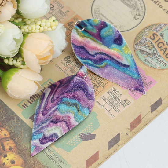 Picture of PU Leather Pendants Leaf Multicolor Ripple 6.3cm(2 4/8") x 3.1cm(1 2/8"), 10 PCs