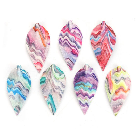 Picture of PU Leather Pendants Leaf Multicolor Ripple 6.3cm(2 4/8") x 3.1cm(1 2/8"), 10 PCs