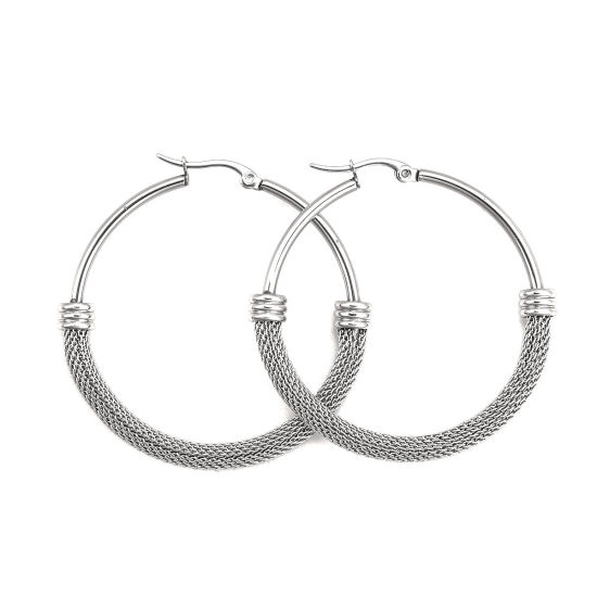 Image de Boucles d'Oreilles Créole Anneaux en 304 Acier Inoxydable Argent Mat Rond 4.9cm x 4.7cm, Epaisseur de Fil: (18 gauge), 1 Paire