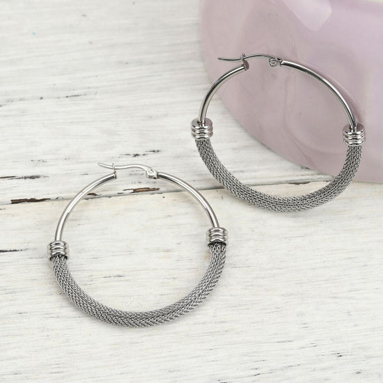 Image de Boucles d'Oreilles Créole Anneaux en 304 Acier Inoxydable Argent Mat Rond 4.9cm x 4.7cm, Epaisseur de Fil: (18 gauge), 1 Paire
