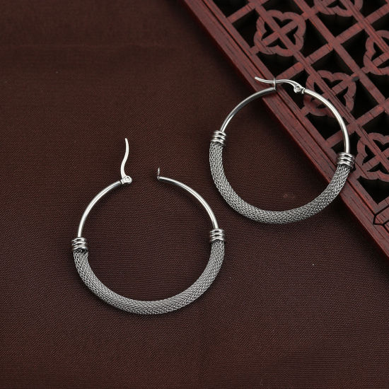 Image de Boucles d'Oreilles Créole Anneaux en 304 Acier Inoxydable Argent Mat Rond 4.9cm x 4.7cm, Epaisseur de Fil: (18 gauge), 1 Paire