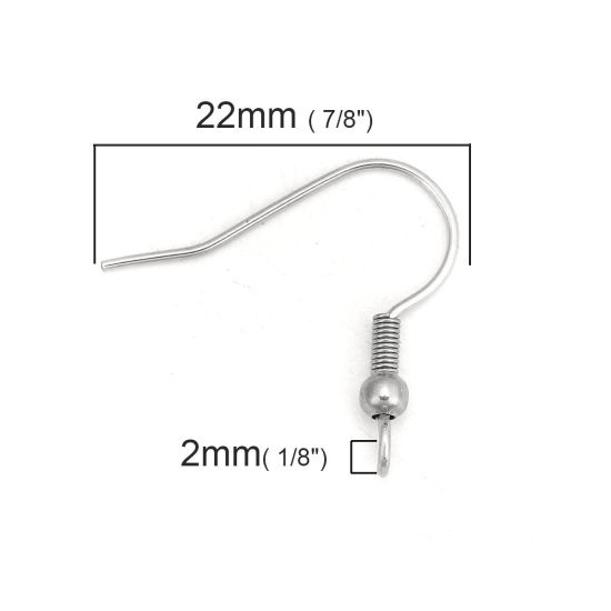 Picture of 304 Stainless Steel Ear Wire Hooks Earring Findings Silver Tone W/ Loop 22mm( 7/8") x 20mm( 6/8"), Post/ Wire Size: (21 gauge), 50 PCs