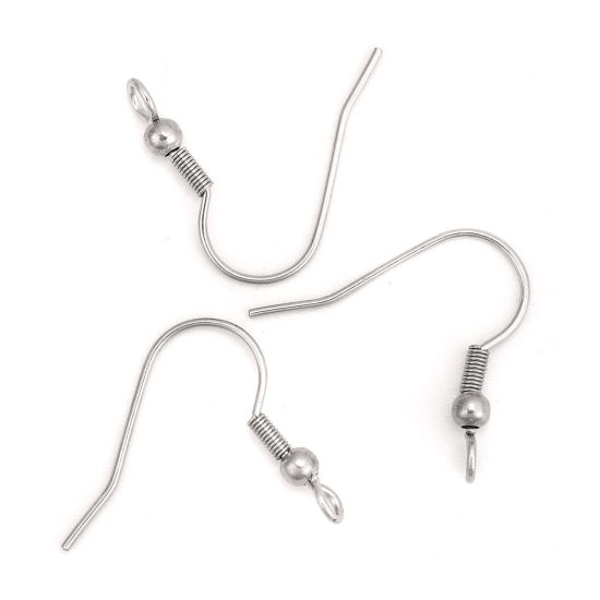 Picture of 304 Stainless Steel Ear Wire Hooks Earring Findings Silver Tone W/ Loop 22mm( 7/8") x 20mm( 6/8"), Post/ Wire Size: (21 gauge), 50 PCs