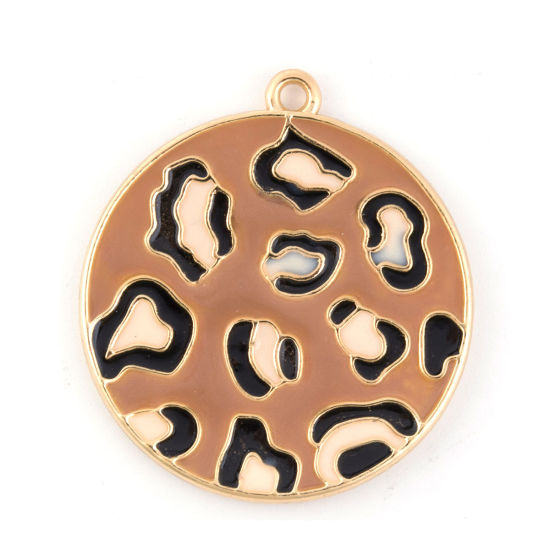 Immagine di Lega di Zinco Ciondoli Tondo Oro Placcato Marrone Leopardo Smalto 3.3cm x 3cm , 5 Pz
