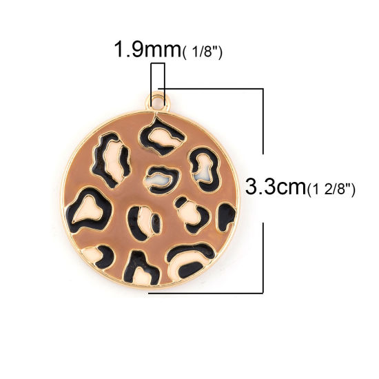 Immagine di Lega di Zinco Ciondoli Tondo Oro Placcato Marrone Leopardo Smalto 3.3cm x 3cm , 5 Pz