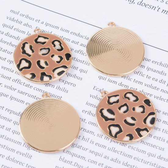 Immagine di Lega di Zinco Ciondoli Tondo Oro Placcato Marrone Leopardo Smalto 3.3cm x 3cm , 5 Pz