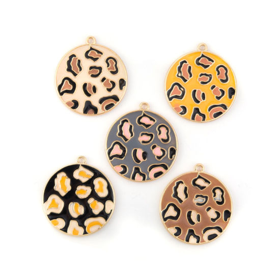 Immagine di Lega di Zinco Ciondoli Tondo Oro Placcato Marrone Leopardo Smalto 3.3cm x 3cm , 5 Pz
