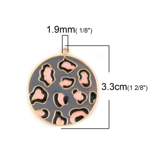 Immagine di Lega di Zinco Ciondoli Tondo Oro Placcato Grigio Leopardo Smalto 3.3cm x 3cm , 5 Pz