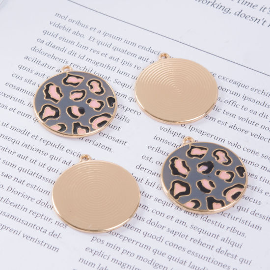 Immagine di Lega di Zinco Ciondoli Tondo Oro Placcato Grigio Leopardo Smalto 3.3cm x 3cm , 5 Pz