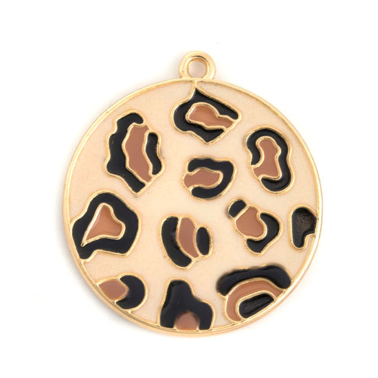 Immagine di Lega di Zinco Ciondoli Tondo Oro Placcato Bianco Sporco Leopardo Smalto 3.3cm x 3cm , 5 Pz
