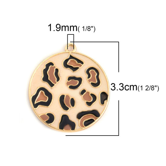 Immagine di Lega di Zinco Ciondoli Tondo Oro Placcato Bianco Sporco Leopardo Smalto 3.3cm x 3cm , 5 Pz