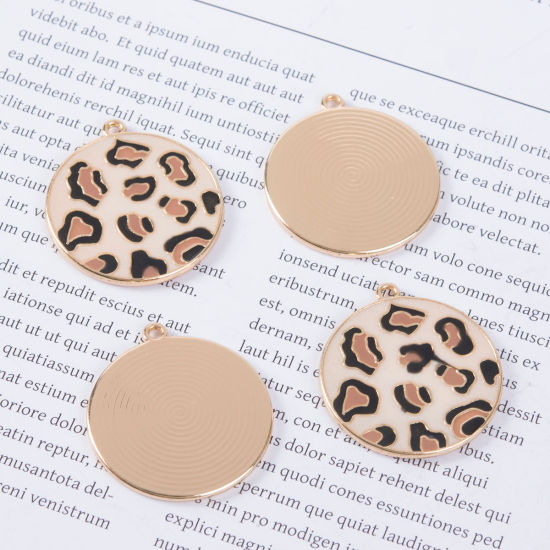 Immagine di Lega di Zinco Ciondoli Tondo Oro Placcato Bianco Sporco Leopardo Smalto 3.3cm x 3cm , 5 Pz