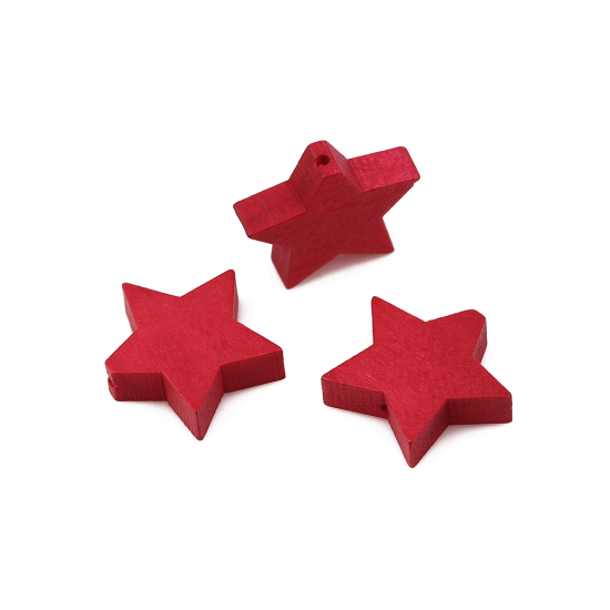 ウッド ビーズ 五芒星 赤 約 20mm x 17mm、 穴：約 1mm、 30 個 の画像