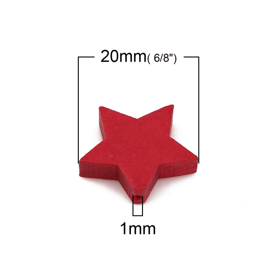 ウッド ビーズ 五芒星 赤 約 20mm x 17mm、 穴：約 1mm、 30 個 の画像