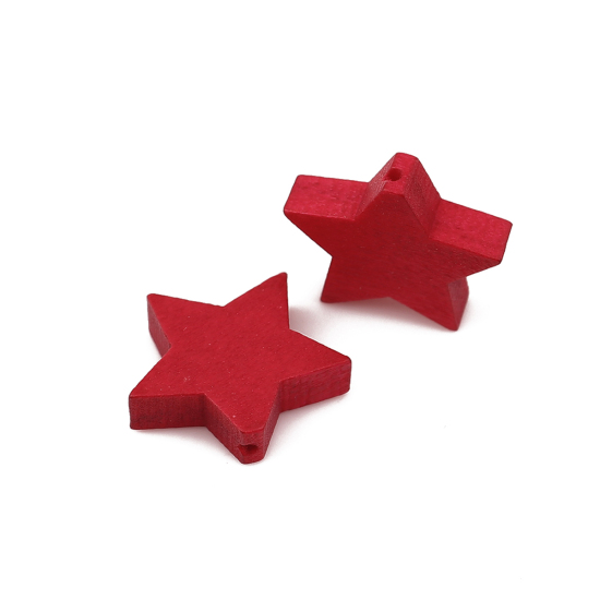 ウッド ビーズ 五芒星 赤 約 20mm x 17mm、 穴：約 1mm、 30 個 の画像