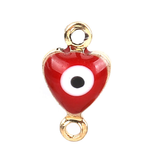 Image de Connecteurs en Laiton Cœur Doré Rouge Œil Mauvais Émail 10mm x 6mm, 10 Pcs