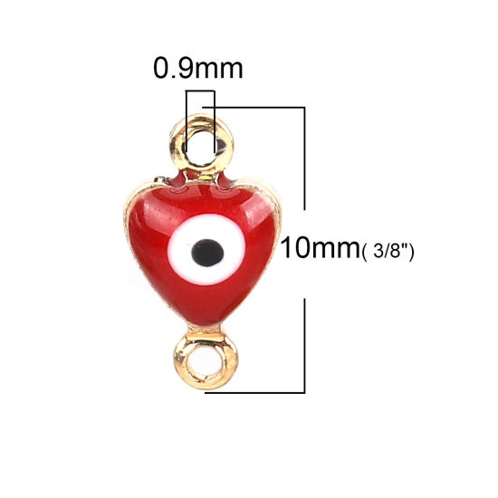 Image de Connecteurs en Laiton Cœur Doré Rouge Œil Mauvais Émail 10mm x 6mm, 10 Pcs