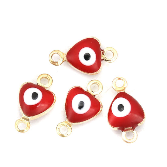 Image de Connecteurs en Laiton Cœur Doré Rouge Œil Mauvais Émail 10mm x 6mm, 10 Pcs