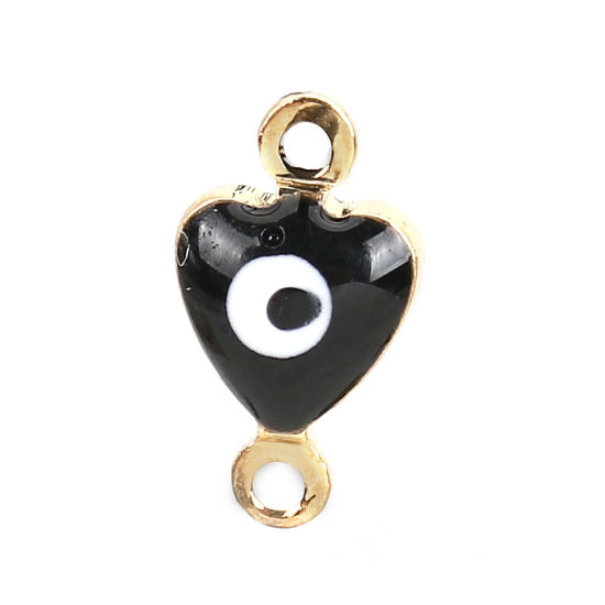 Image de Connecteurs en Laiton Cœur Doré Noir Œil Mauvais Émail 10mm x 6mm, 10 Pcs