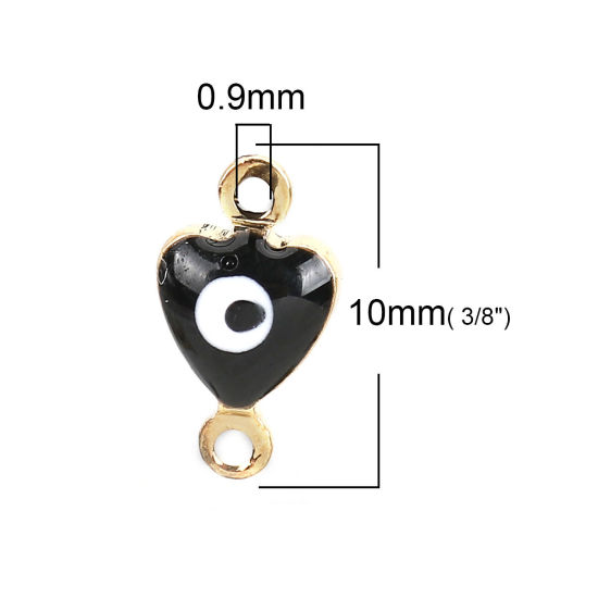 Image de Connecteurs en Laiton Cœur Doré Noir Œil Mauvais Émail 10mm x 6mm, 10 Pcs