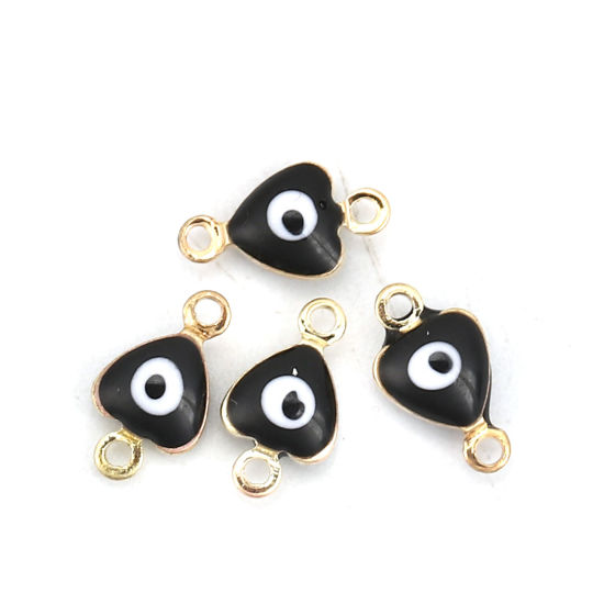 Image de Connecteurs en Laiton Cœur Doré Noir Œil Mauvais Émail 10mm x 6mm, 10 Pcs