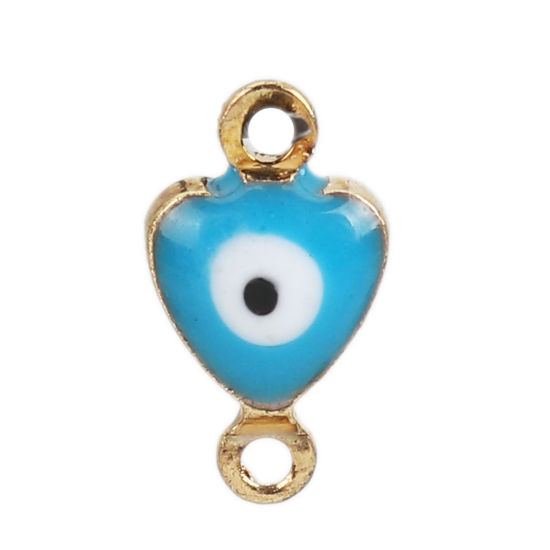 Image de Connecteurs en Laiton Cœur Doré Bleu Œil Mauvais Émail 10mm x 6mm, 10 Pcs