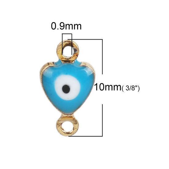 Image de Connecteurs en Laiton Cœur Doré Bleu Œil Mauvais Émail 10mm x 6mm, 10 Pcs