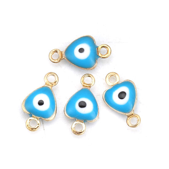Image de Connecteurs en Laiton Cœur Doré Bleu Œil Mauvais Émail 10mm x 6mm, 10 Pcs