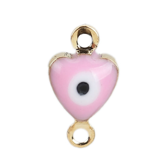 Image de Connecteurs en Laiton Cœur Doré Rose Clair Œil Mauvais Émail 10mm x 6mm, 10 Pcs