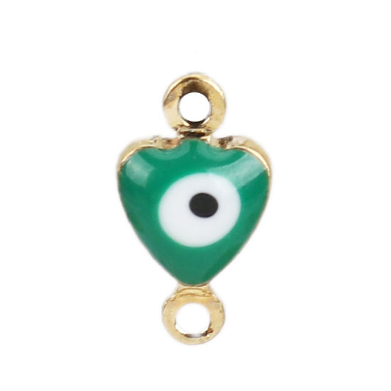 Image de Connecteurs en Laiton Cœur Doré Vert Œil Mauvais Émail 10mm x 6mm, 10 Pcs