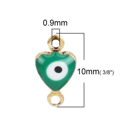 Image de Connecteurs en Laiton Cœur Doré Vert Œil Mauvais Émail 10mm x 6mm, 10 Pcs