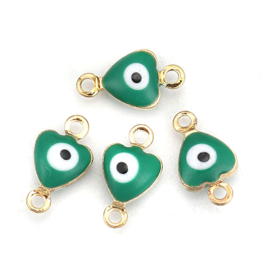 Image de Connecteurs en Laiton Cœur Doré Vert Œil Mauvais Émail 10mm x 6mm, 10 Pcs
