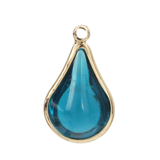 Image de Breloques en Laiton+Verre Goutte d'Eau Doré Bleu Paon 18mm x 10mm - 17mm x 10mm, 5 Pcs