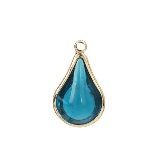 Image de Breloques en Laiton+Verre Goutte d'Eau Doré Bleu Paon 18mm x 10mm - 17mm x 10mm, 5 Pcs