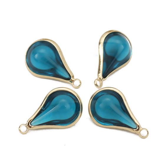 Image de Breloques en Laiton+Verre Goutte d'Eau Doré Bleu Paon 18mm x 10mm - 17mm x 10mm, 5 Pcs