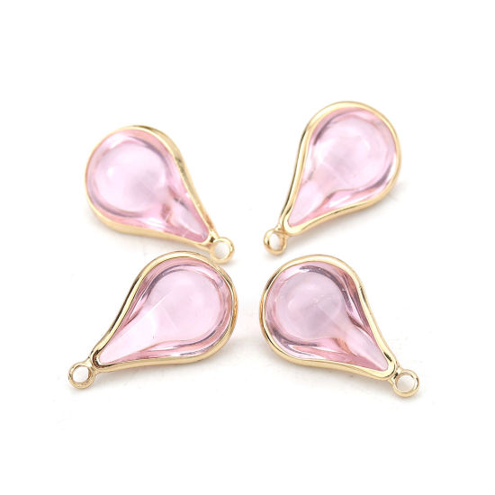 Image de Breloques en Laiton+Verre Goutte d'Eau Doré Rose Clair 18mm x 10mm - 17mm x 10mm, 5 Pcs