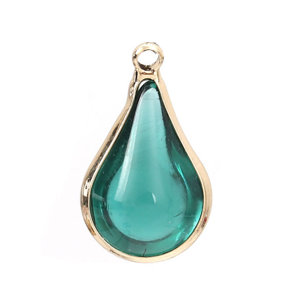 Image de Breloques en Laiton+Verre Goutte d'Eau Doré Vert 18mm x 10mm - 17mm x 10mm, 5 Pcs