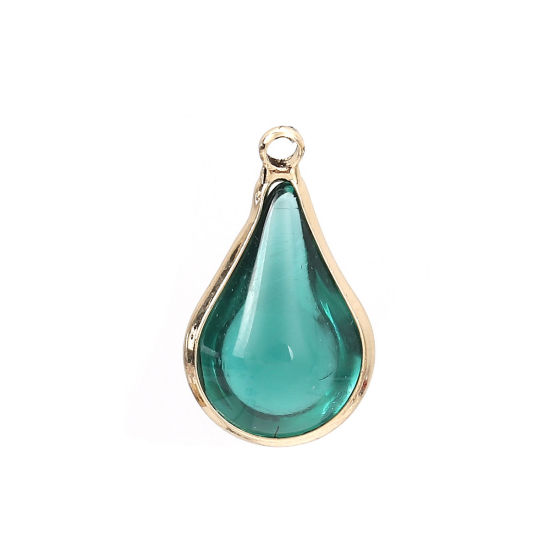 Image de Breloques en Laiton+Verre Goutte d'Eau Doré Vert 18mm x 10mm - 17mm x 10mm, 5 Pcs