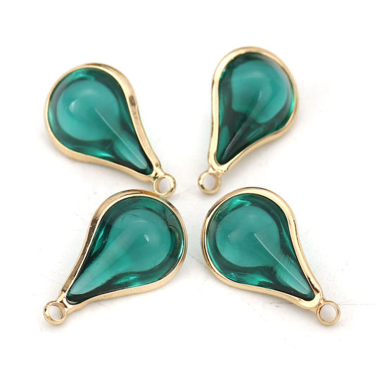 Image de Breloques en Laiton+Verre Goutte d'Eau Doré Vert 18mm x 10mm - 17mm x 10mm, 5 Pcs