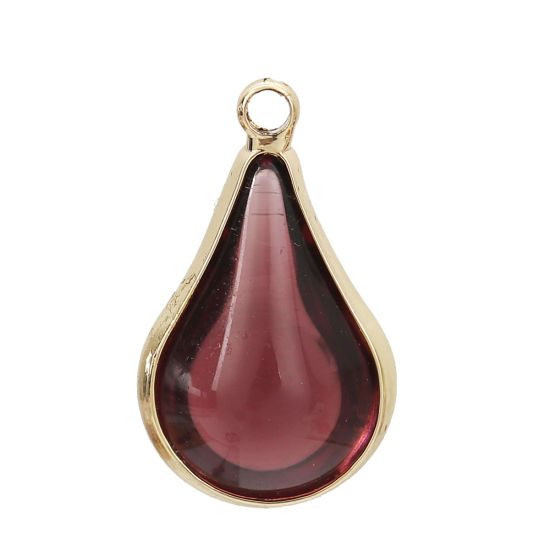 Image de Breloques en Laiton+Verre Goutte d'Eau Doré Vin Rouge 18mm x 10mm - 17mm x 10mm, 5 Pcs
