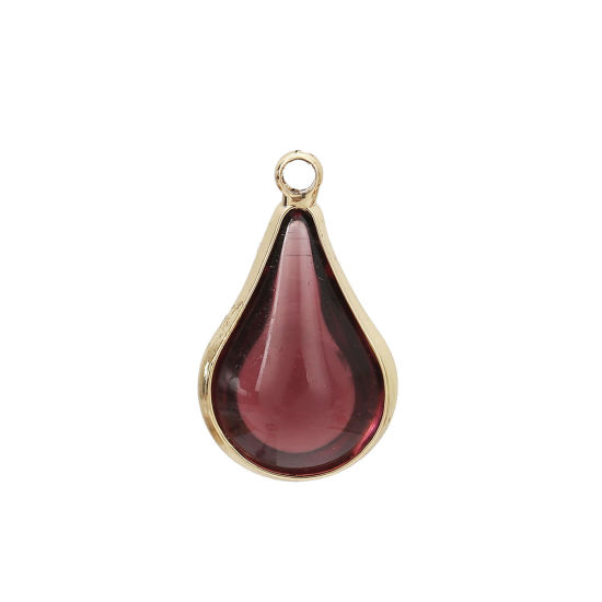 Image de Breloques en Laiton+Verre Goutte d'Eau Doré Vin Rouge 18mm x 10mm - 17mm x 10mm, 5 Pcs