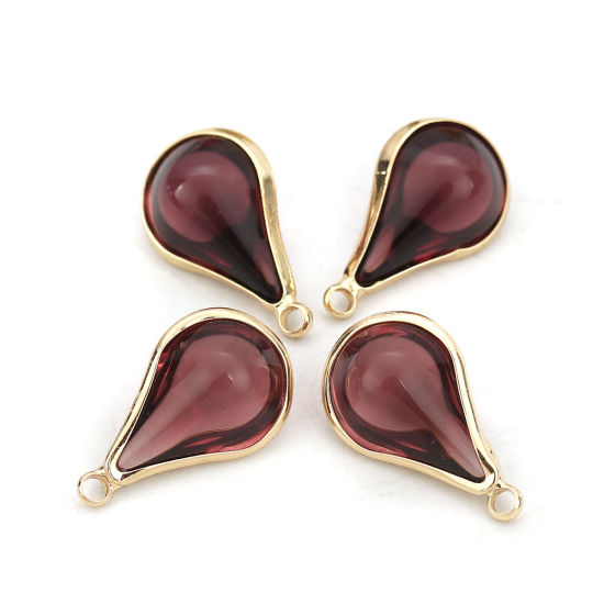 Image de Breloques en Laiton+Verre Goutte d'Eau Doré Vin Rouge 18mm x 10mm - 17mm x 10mm, 5 Pcs