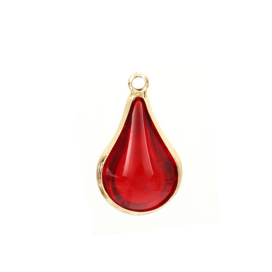 Image de Breloques en Laiton+Verre Goutte d'Eau Doré Rouge 18mm x 10mm - 17mm x 10mm, 5 Pcs