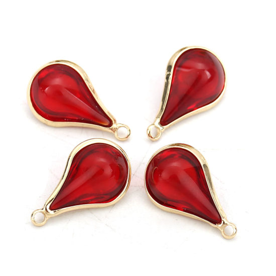 Image de Breloques en Laiton+Verre Goutte d'Eau Doré Rouge 18mm x 10mm - 17mm x 10mm, 5 Pcs