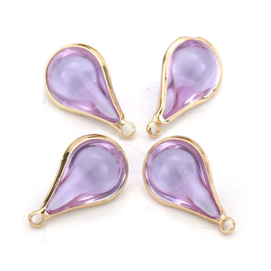 Image de Breloques en Laiton+Verre Goutte d'Eau Doré Bleu Violet 18mm x 10mm - 17mm x 10mm, 5 Pcs