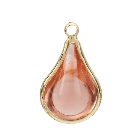 Image de Breloques en Laiton+Verre Goutte d'Eau Doré Rose Pêche 18mm x 10mm - 17mm x 10mm, 5 Pcs