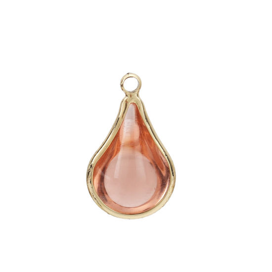 Image de Breloques en Laiton+Verre Goutte d'Eau Doré Rose Pêche 18mm x 10mm - 17mm x 10mm, 5 Pcs